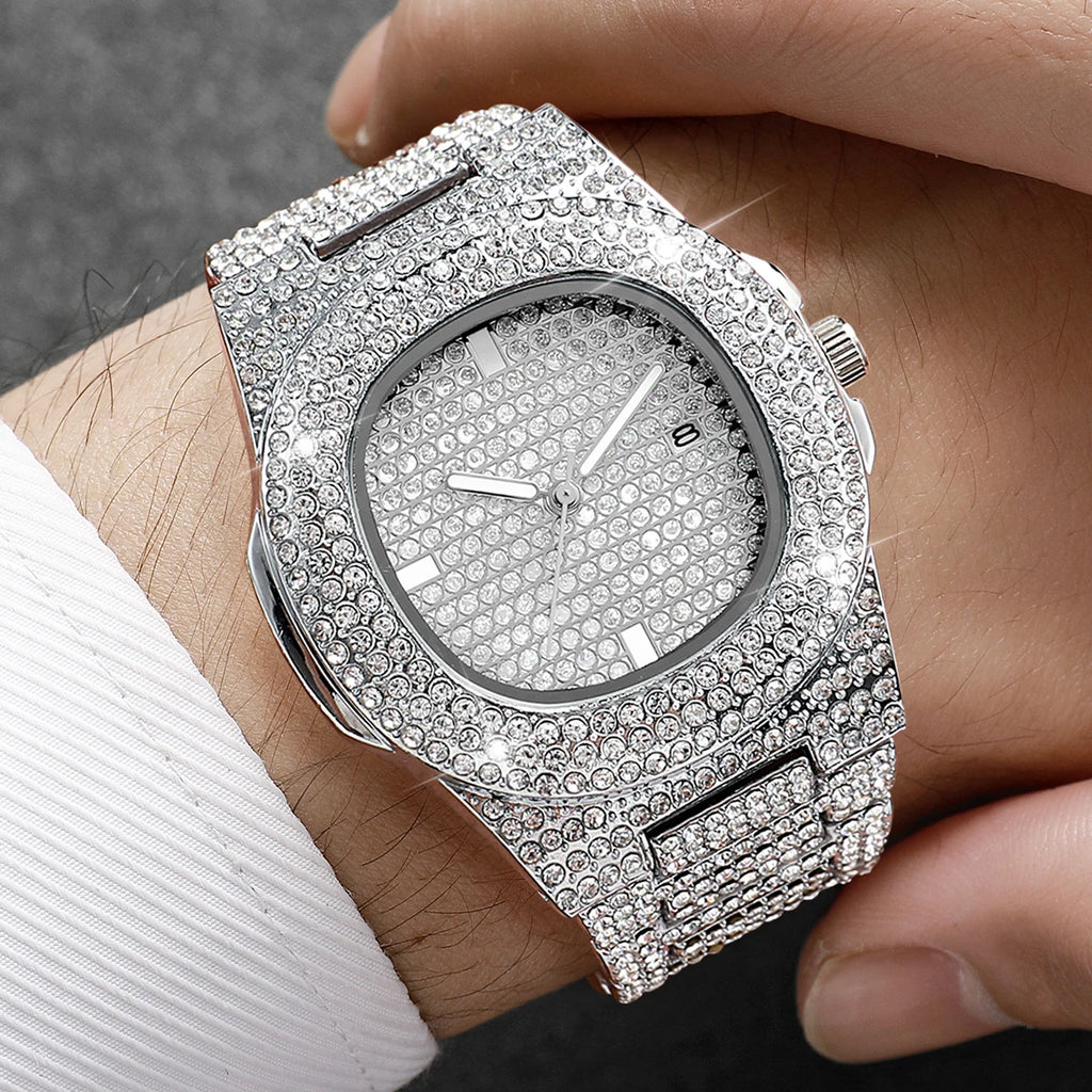 3PCS Luxury Rhinestone Men Watch Cuban Chain Jewelry Set Hip Pop Square Quartz Watches Accessories Gift Relogio Masculino