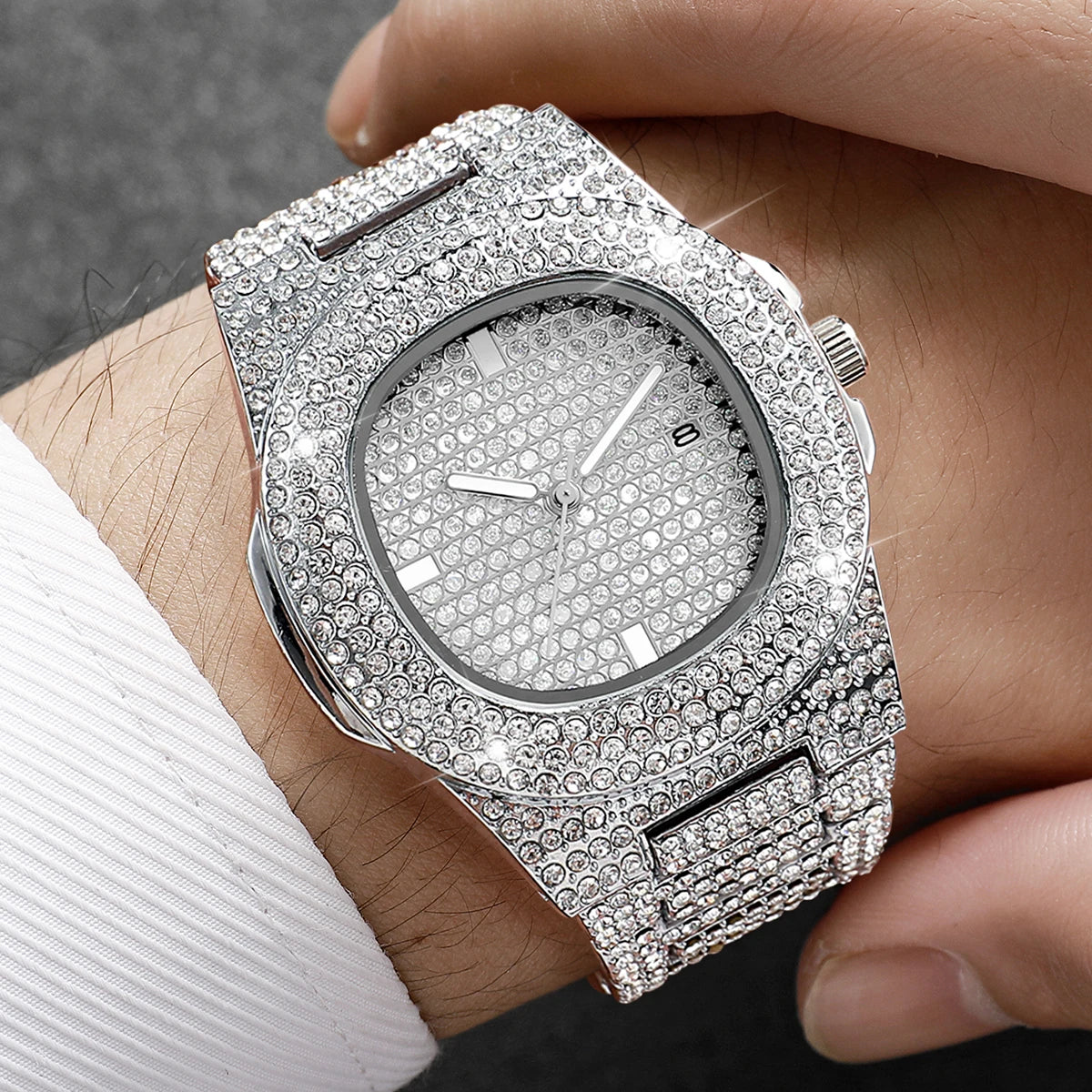 3PCS Luxury Rhinestone Men Watch Cuban Chain Jewelry Set Hip Pop Square Quartz Watches Accessories Gift Relogio Masculino