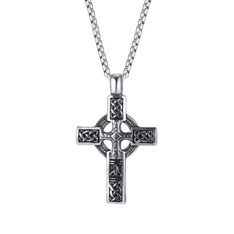 Vintage Nordic Celtic Knot Pattern Cross Necklace Pendant for Men Stainless Steel Chain Jewelry Amulet Necklace Wholesale