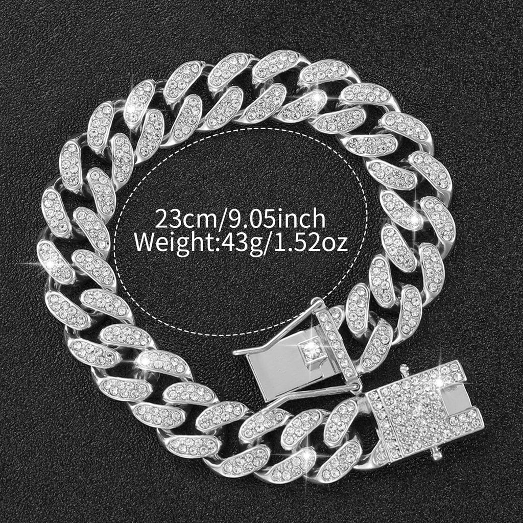 2PCS Iced Out Square Watch & Cuban Link Bracelet Set - Luxury Bling Diamond Quartz Wristwatch Hip Hop Jewelry for Men