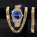 3PCS Luxury Diamond Men Quartz Watch Hip-pop Jewelry Set Fashion Roma Stainless Steel Strap Watches Reloj Hombre（Without Box）