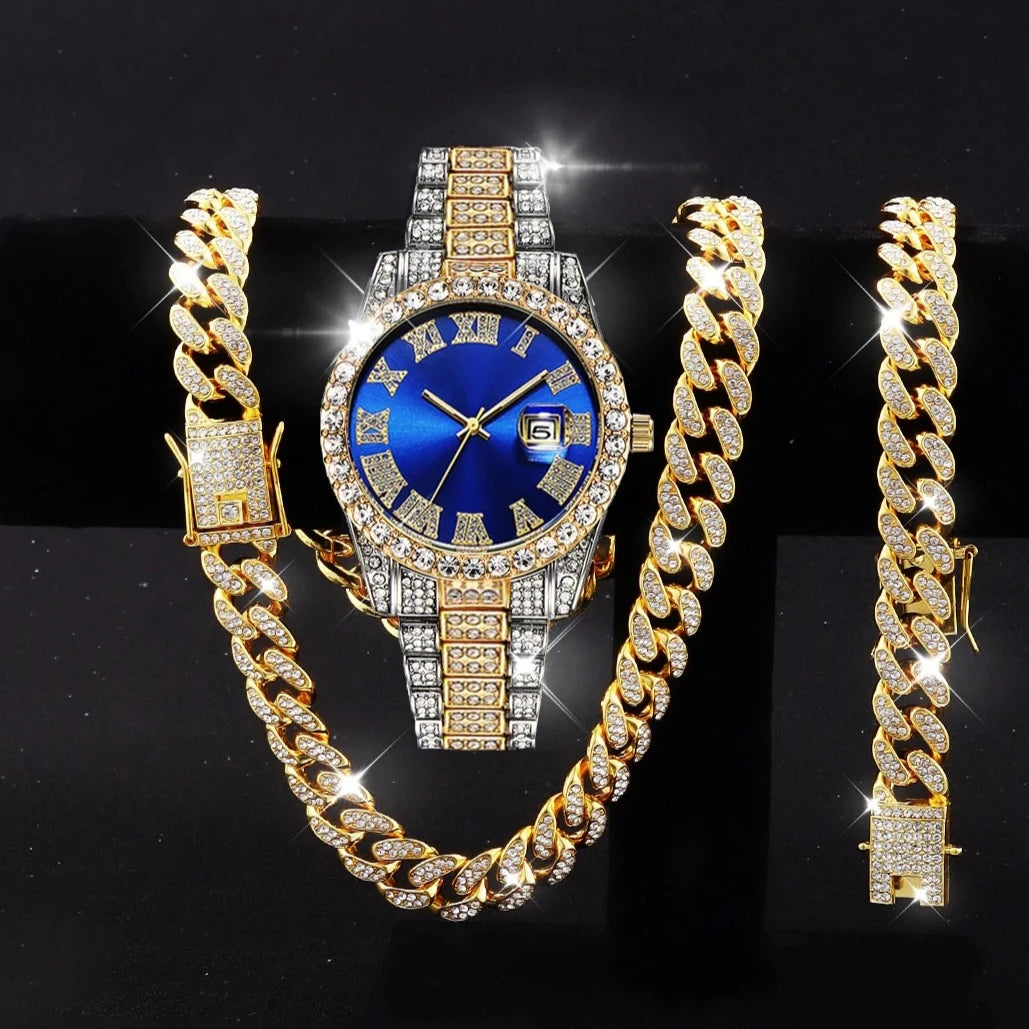 3PCS Luxury Diamond Men Quartz Watch Hip-pop Jewelry Set Fashion Roma Stainless Steel Strap Watches Reloj Hombre（Without Box）
