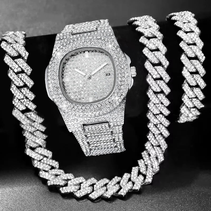 3PCS Luxury Rhinestone Men Watch Cuban Chain Jewelry Set Hip Pop Square Quartz Watches Accessories Gift Relogio Masculino