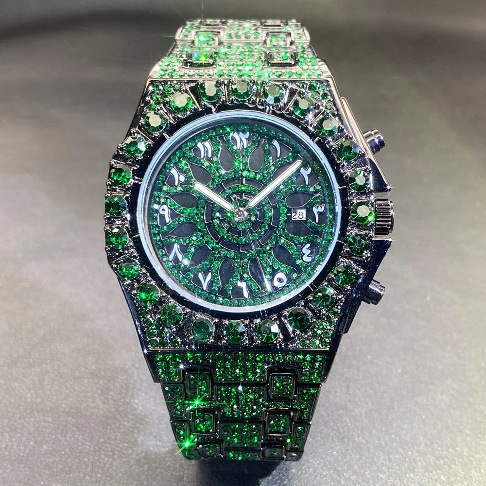 MISSFOX Hip Hop Wristwatch For Men Luxury Ice Out Full Diamond Watches Fashion Green Watch Waterproof Week Display Clock 2025