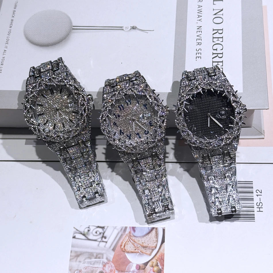Thorn Spike Watch Men Iced Out Rhinestone Quartz Wristwatch Reloj Hombre Punk Gothic Stainless Steel Waterproof for Party
