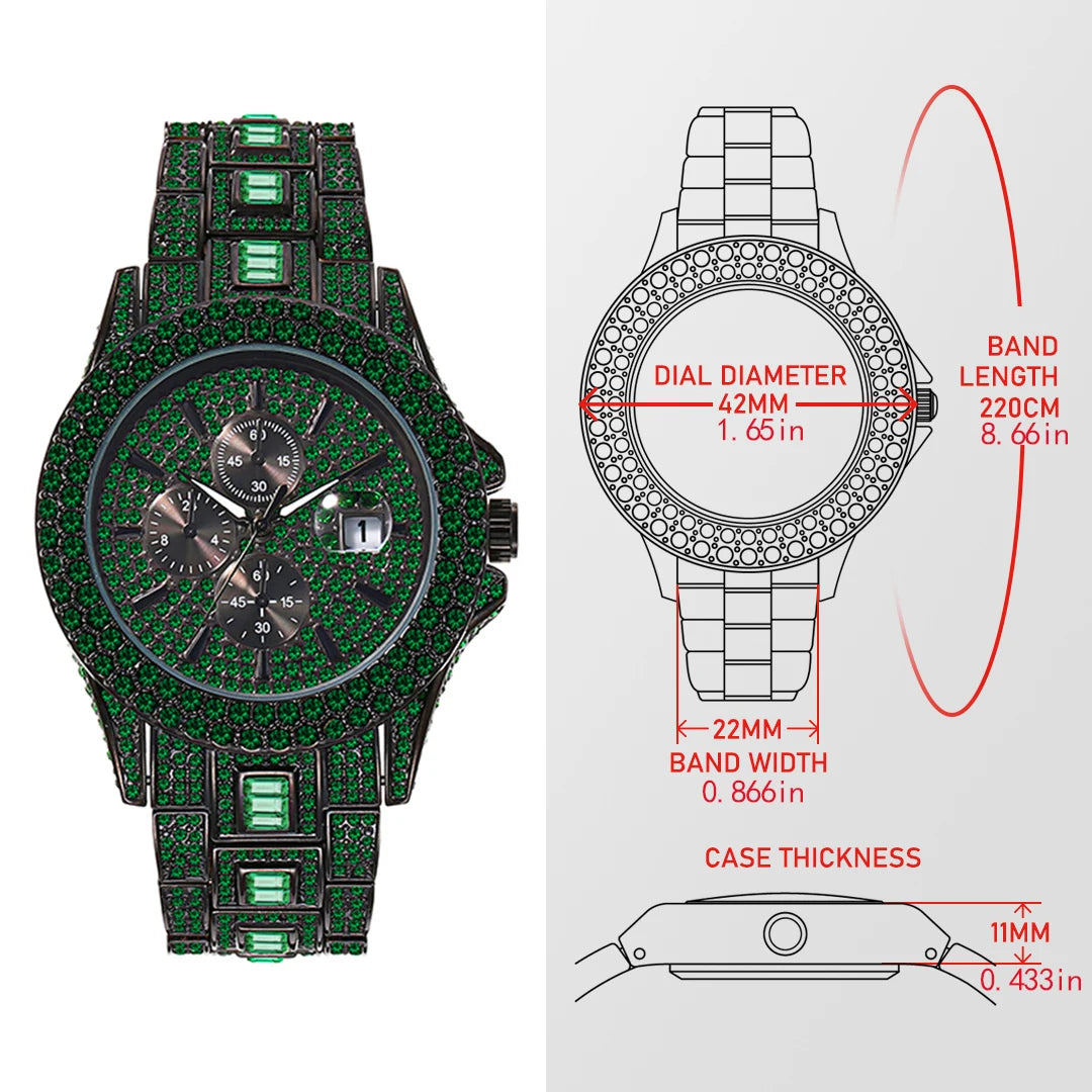New Green Diamond Watch For Men Luxury Hip Hop Diamond Watches Unique Bling Ice Out Luminous Waterproof Clock Relogios Masculino