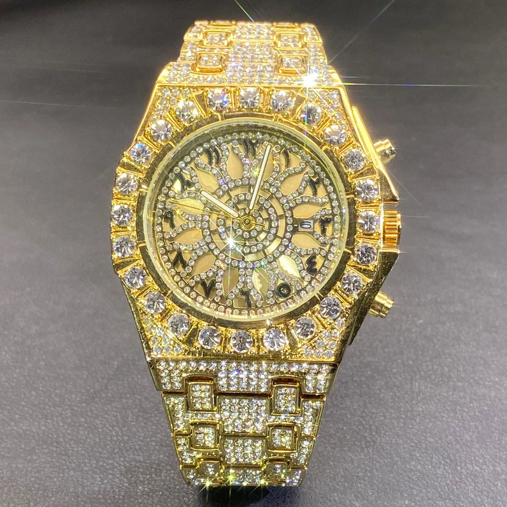 MISSFOX Hip Hop Wristwatch For Men Luxury Ice Out Full Diamond Watches Fashion Green Watch Waterproof Week Display Clock 2025