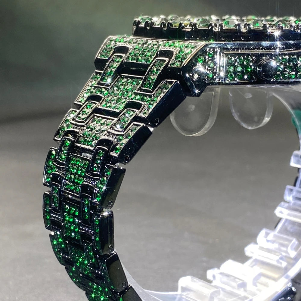 MISSFOX Hip Hop Wristwatch For Men Luxury Ice Out Full Diamond Watches Fashion Green Watch Waterproof Week Display Clock 2025