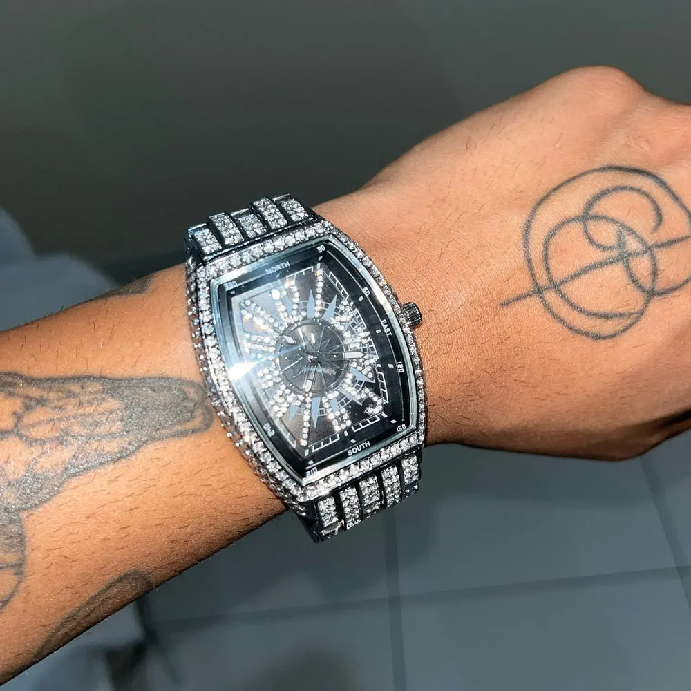 2022 MISSFOX Luxury Mens Watches Fashion Hip Hop Iced Diamond Waterproof Tonneau AAA Quartz Wristwatch Male Reloj Free Shipping