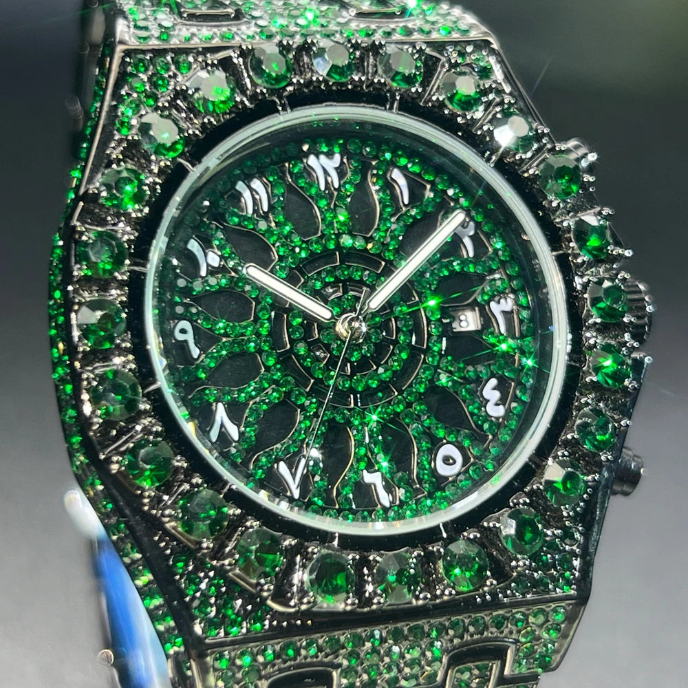 MISSFOX Hip Hop Wristwatch For Men Luxury Ice Out Full Diamond Watches Fashion Green Watch Waterproof Week Display Clock 2025